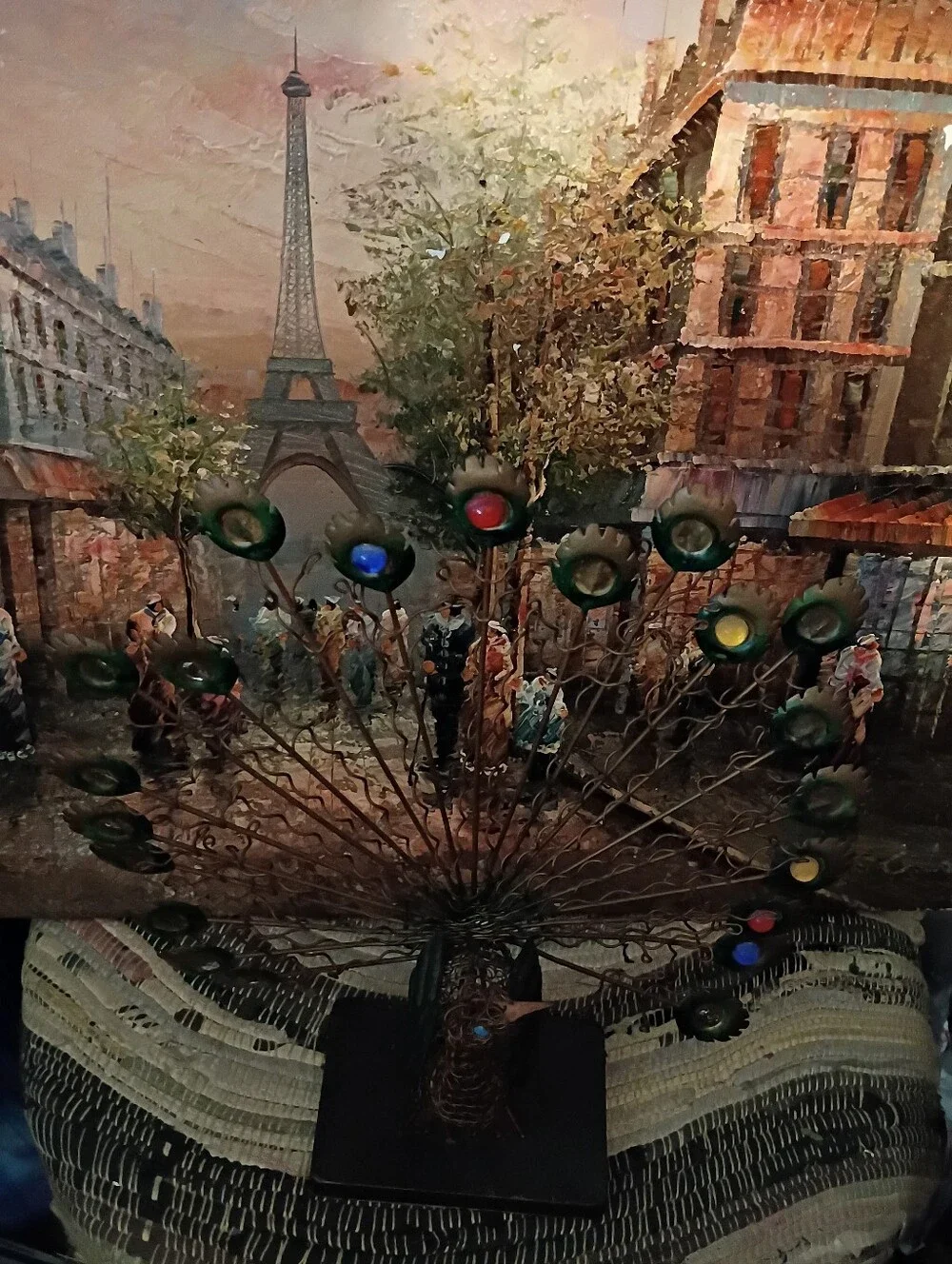Vintage Metal Peacock Table Sculpture with Multicolor Glass Eyes